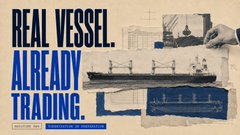 An advertisement displays the text 'REAL VESSEL. ALREADY TRADING.' in bold blue and black letters alongside images of a large cargo ship.