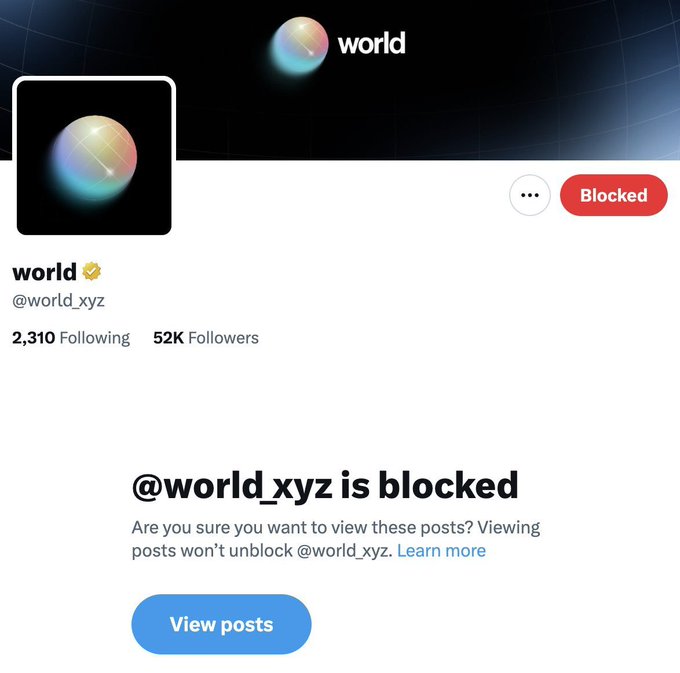 A Twitter/X profile page for 'world' (@world_xyz) with 52K followers, showing the account is blocked with a 'View posts' button to access content.