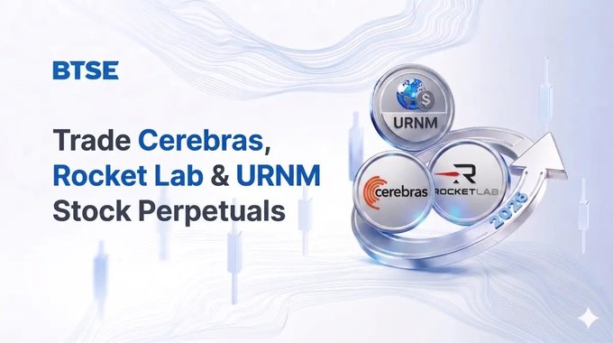 The image shows a visually appealing BTSE blog post titled "#BTSEBlog: New on BTSE - trade Cerebras, Rocket Lab & URNM as stock perpetualfts." The blog post focuses on three companies named Trade Cebraas, Rocket Lab & URNM and their involvement in the stock market. The image also mentions a robot, which suggests that there may be some advanced technology involved in monitoring and managing the stocks. Additionally, it shows what is in focus in the image: trade Cerebras, rocket lab & urnm as stock perpetualfts.