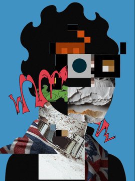 An abstract mixed-media digital collage featuring a figure with black curly hair, a British flag-patterned shirt, and fragmented pixelated facial elements against a blue background.