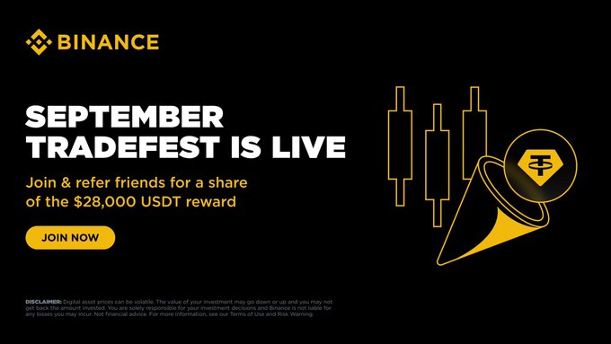 A Binance advertisement promoting 'September Tradefest' with a $28,000 USDT reward for joining and referring friends, featuring a megaphone and candlestick graphic.