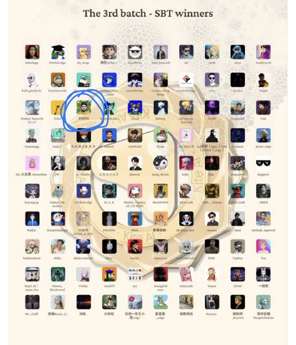 A grid of profile pictures titled 'The 3rd batch - SBT winners' with one profile labeled 'EMON' circled in blue.