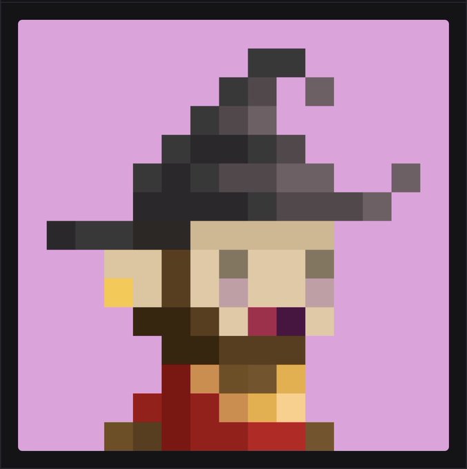 A pixel art witch character wearing a black pointed hat and red outfit against a light purple background.