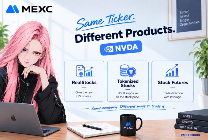 A promotional MEXC banner featuring a pink-haired anime-style character next to a laptop, with the headline "Same Ticker. Different Products." and the ticker "NVDA" displayed prominently. Below are three product options: "RealStocks" (own the real U.S. shares), "Tokenized Stocks" (USDT exposure to the stock price), and "Stock Futures" (trade direction with leverage), reinforcing the post's message about NVDA representing multiple trading products on MEXC under one ticker.