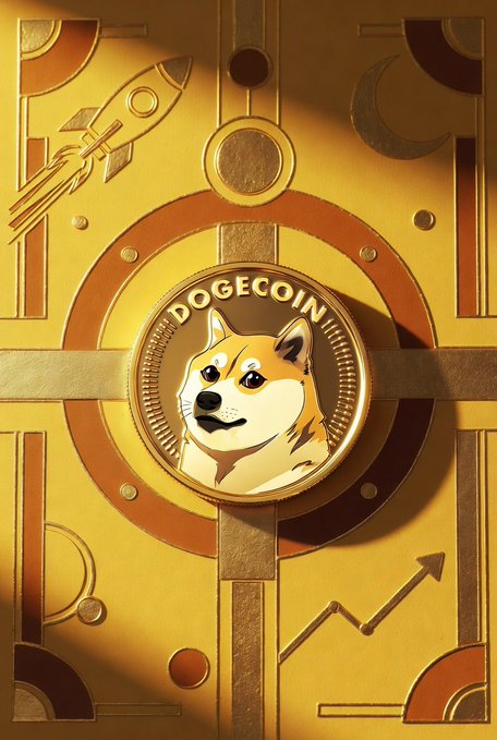 A stylized golden 3D illustration featuring a gold coin with the Shiba Inu dog face and the text 'DOGECOIN' at its center. The coin is mounted on an ornate, mechanical-looking golden panel decorated with a rocket ship, a crescent moon, and an upward-trending arrow graph.