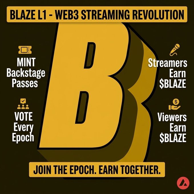 A promotional graphic for 'BLAZE L1 - WEB3 STREAMING REVOLUTION' featuring a large gold 'B' logo, with text highlighting features: 'MINT Backstage Passes,' 'VOTE Every Epoch,' 'Streamers Earn $BLAZE,' and 'Viewers Earn $BLAZE.'