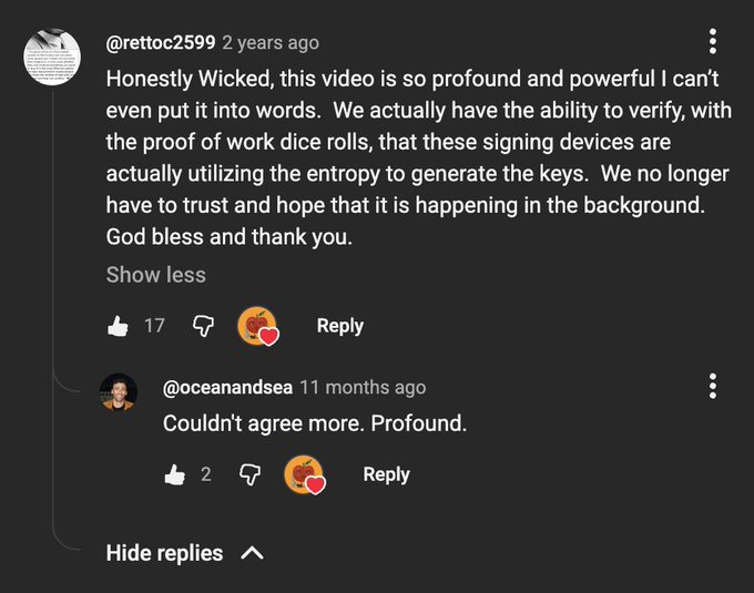 A YouTube comment by @rettoc2599 from 2 years ago praising a video called 'Wicked' for being 'profound and powerful' about verifying signing devices with entropy for key generation, with 17 likes and a reply from @oceanandsea 11 months ago agreeing 'Couldn't agree more. Profound.'