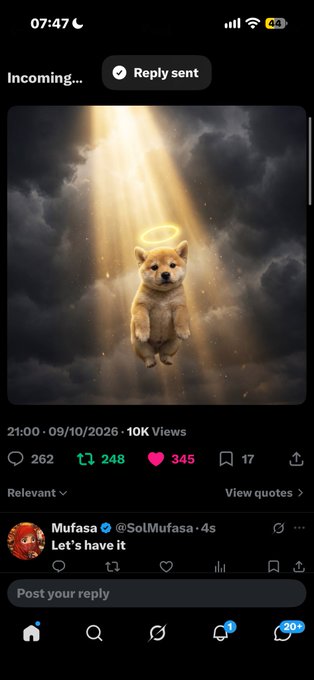 A mobile social media app screenshot showing an AI-generated image of a Shiba Inu with a glowing halo floating in clouds, posted with 262 comments, 248 reposts, 345 likes, and 17 bookmarks, with a reply from @SolMufasa saying 'Let's have it'.