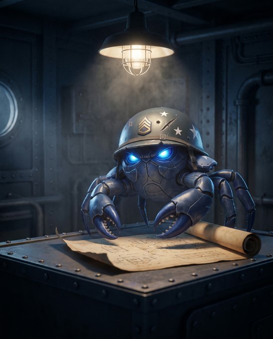 A robotic crab wearing a military helmet with sergeant stripes and stars sits on a metal desk, its glowing blue eyes looking at a rolled-up map under an industrial hanging lamp.
