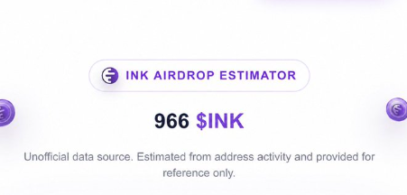 A digital graphic displays an 'INK AIRDROP ESTIMATOR' showing '966 $INK' with a note that it is unofficial data.