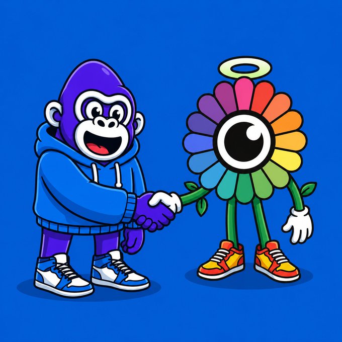 A digital illustration on a blue background depicts a purple gorilla wearing a blue hoodie and colorful sneakers shaking hands with a rainbow-petaled flower character that has a single large eye, a halo, and matching sneakers.