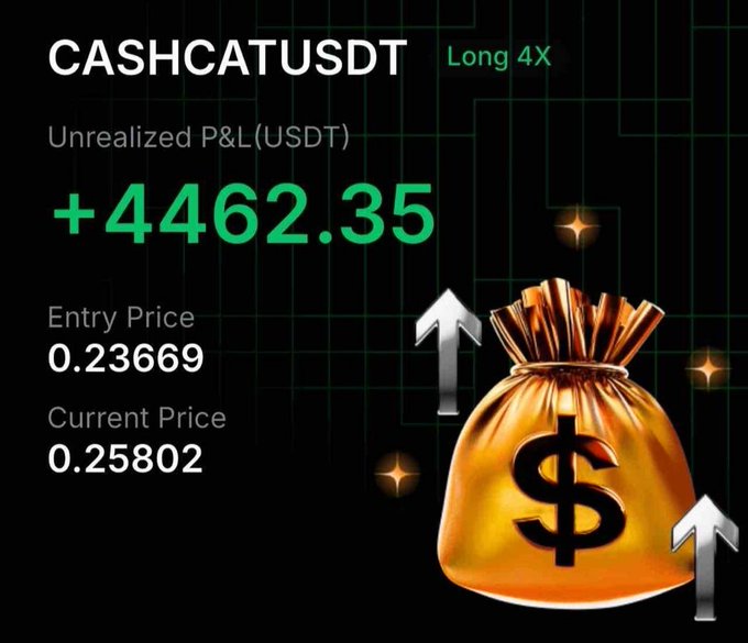 A trading screenshot showing a CASHCATUSDT Long 4X position with an Unrealized P&L of +$4,462.35, an Entry Price of 0.23669, and a Current Price of 0.25802, featuring a gold money bag with upward arrows.