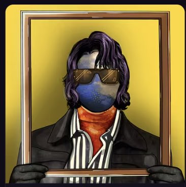 A stylized digital portrait features a character with purple hair, sunglasses, and a face that resembles a blue and orange planet, wearing a black suit jacket over a striped shirt.