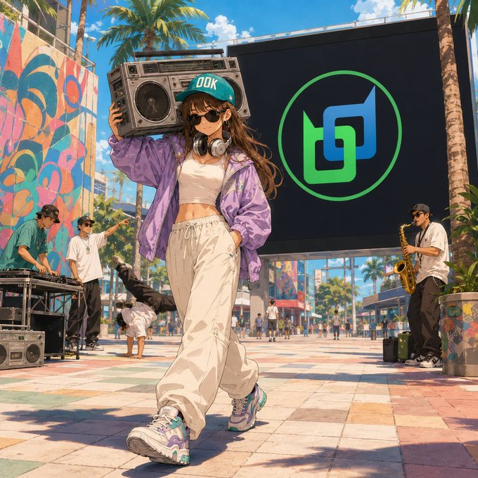 An anime-style scene depicts a girl carrying a boombox in a vibrant urban plaza, with a green circular logo displayed on a large screen behind her.