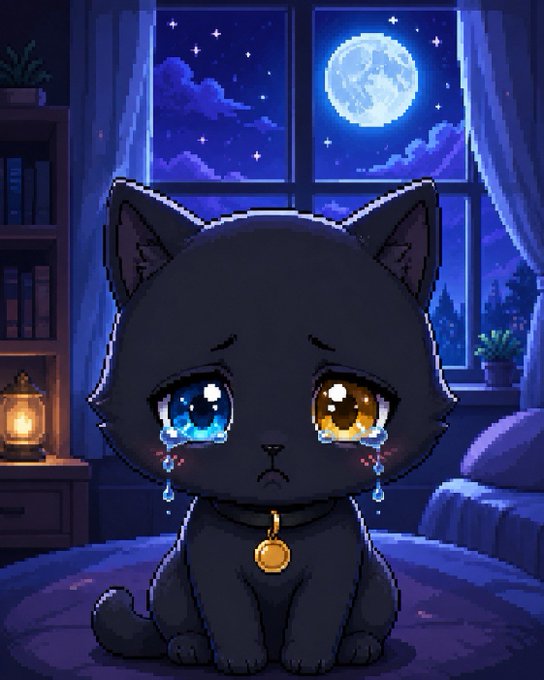 The image features a black cat sitting alone with blue eyes looking sad or upset. The cat has a collar around its neck, which could be an identification tag for tracking purposes. The background shows a window with curtains, suggesting that the scene takes place indoors in a room setting. There is also a potted plant visible near the window, adding to the overall atmosphere of the image.