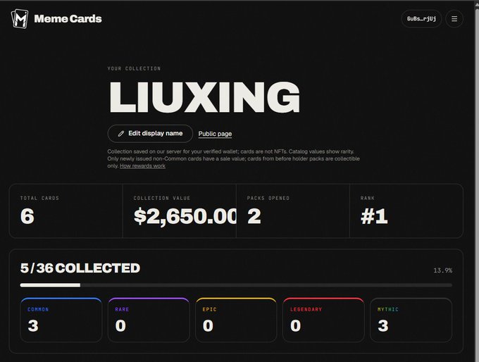 A Meme Cards profile page for 'LIUXING' showing a collection value of $2,650.00, 6 total cards, rank #1, and a progress bar indicating 5/36 collected.
