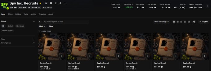 A screenshot of the Spy Inc. Recruits marketplace showing multiple listings for 'Spy Inc. Rivorah' NFT items priced at approximately $37.30.