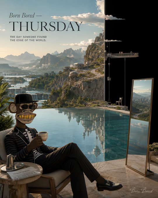 A surreal image shows a figure in a pinstripe suit with a cartoonish grinning mask, lounging by an infinity pool overlooking a dramatic mountain landscape with the text "Born Bored — THURSDAY: THE DAY SOMEONE FOUND THE EDGE OF THE WORLD" displayed above, accompanied by a "Born Bored" watermark in the bottom right corner, capturing the post's theme of finding perspective and making the most of a workday.