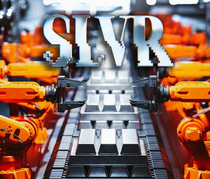 The image features the "SLVR" logo in a glitchy, pixelated metallic font, overlaid on an industrial scene of orange robotic arms working along a conveyor belt of silver bars, visually representing automated, machine-driven silver production—much like the automated mining and staking processes described in the post.
