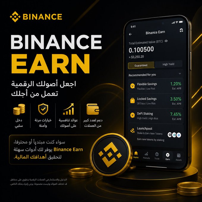 A Binance promotional graphic advertising "Binance Earn" features the Binance logo, Arabic text, and a smartphone displaying the Binance Earn app interface with options like Flexible Savings (1.20% APR), Locked Savings (3.50%), DeFi Staking (7.45%), and Launchpool, showcasing a Total Estimated Value of 0.100500 BTC (~$3,250.20). The image visually supports the post's message by illustrating how users can put their digital assets to work through various Binance Earn products tailored to different risk appetites.