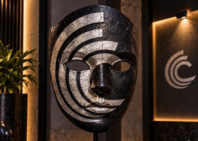A black-and-gold cracked sculptural mask with spiral patterns hangs in a modern interior, with a matching spiral logo displayed on a lit wall panel in the background.