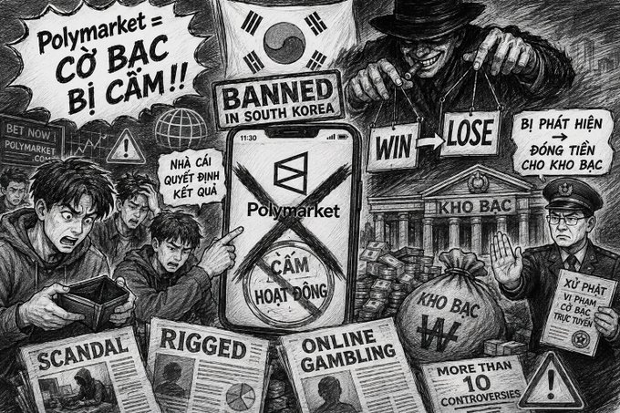 A black-and-white illustrated collage about Polymarket featuring text in Vietnamese and Korean, including 'Polymarket = CÔ BẠC BỊ CẤM!!', 'BANNED IN SOUTH KOREA', 'CẤM HOẠT ĐỘNG', 'SCANDAL', 'RIGGED', 'ONLINE GAMBLING', and 'MORE THAN 10 CONTROVERSIES'.
