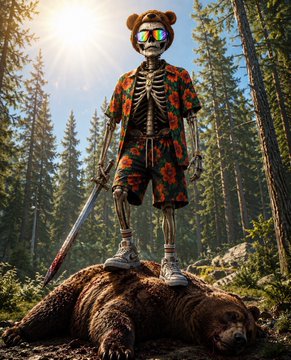 A skeleton wearing a bear hat, sunglasses, and a floral outfit stands triumphantly over a fallen bear, holding a bloody sword. This imagery serves as a metaphorical representation of "killing the bears" (meaning the end of a bearish market) to accompany the bullish sentiment in the text "$BTC".