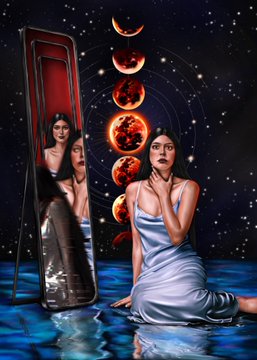A surreal artistic image shows women in a blue watery setting, one draped in a blue cloth beside a tall mirror, with a vertical column of red planets/moons floating against a starry night sky.