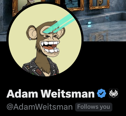 The image features a cartoon monkey wearing a leather jacket with a large "D" on its chest. The monkey has a green laser beam coming out of its forehead. Below the monkey's head, there is a text that reads "Adam Weitsman follows you". This suggests that Adam Weitsman might be interested in or following the monkey's activities related to Bitcoin.