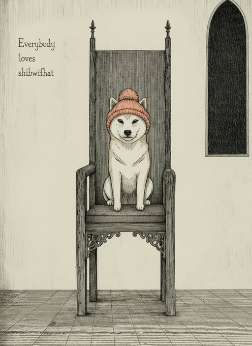 An illustration of a Shiba Inu wearing an orange knit hat with a pom-pom, sitting regally on a tall wooden throne chair with the text 'Everybody loves shibwifhat' written in the upper left corner.