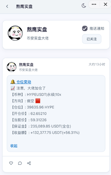 A trading app notification from '熊鹰实盘' showing a '仓位变动' (position change) alert for HYPE/USDT long position with detailed entry, quantity, and P/L data.