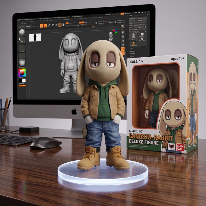 A 3D rendering of a rabbit-like character in a green hoodie, brown jacket, jeans, and work boots displayed both on a screen and in product packaging labeled 'GANGSTA-RABBIT DELUXE FIGURE'.