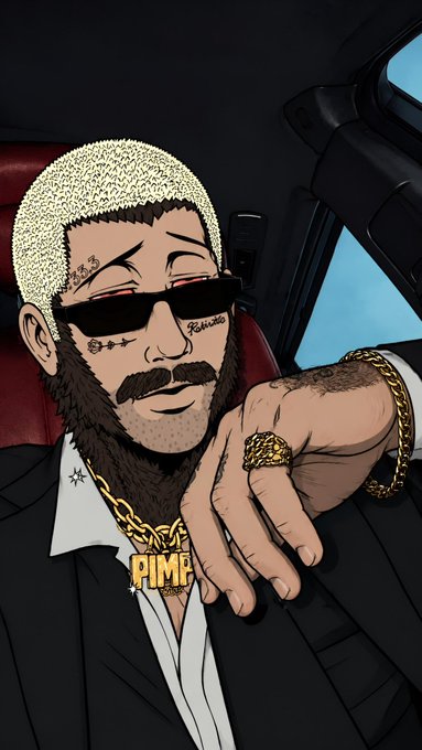 An illustrated cartoon of a man with a beard, sunglasses, gold chains, a 'PIMP' pendant, and a large ring, sitting in a car.