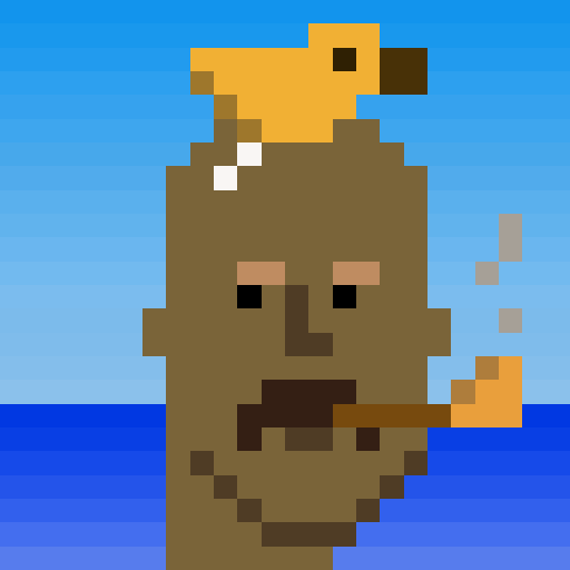 A pixel art character labeled "Mini Goro 3768" stands against a striped blue background, depicted as a brown blob-like figure with a yellow bird perched on its head and smoking a pipe, matching the post's description of the masterpiece.