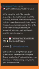 A social media announcement about 'QUIP X SPACES AMA: LET'S TALK' for a Quip Spaces Live event on July 8, 2026, alongside branding for 'kuru' displayed in stacked and horizontal logo variations on green and white backgrounds.