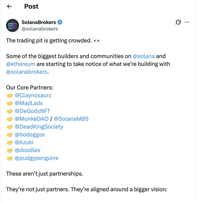 A Twitter post by SolanaBrokers (@solanabrokers) titled 'The trading pit is getting crowded,' highlighting core partners including @Claynosaurz, @MadLads, @DeGodsNFT, @MonkeDAO / @SolanaMBS, @DeadKingSociety, @bodoggos, @Azuki, @doodles, and @pudgypenguins.