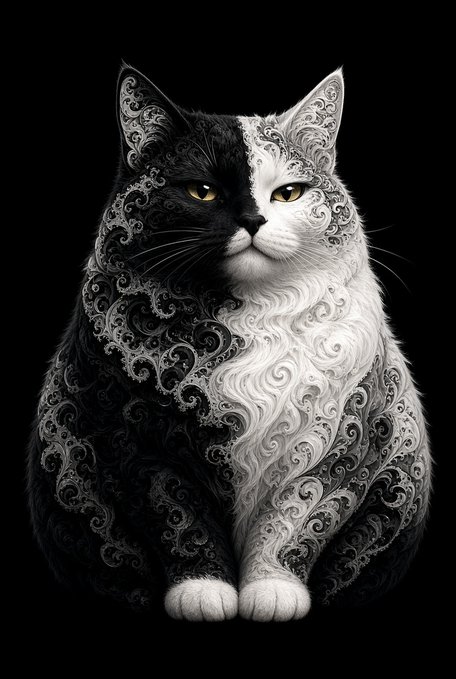 A stylized digital artwork of a black and white cat with intricate paisley patterns covering its fur, set against a black background.