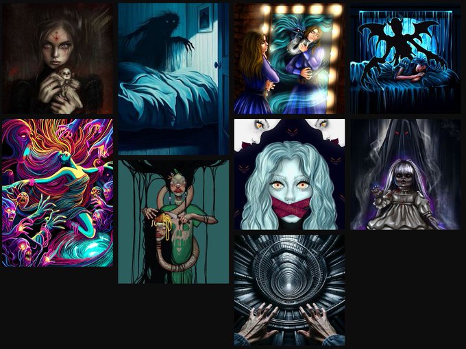 A collage of nine dark, surreal digital artworks depicting haunting figures and eerie scenes—including a shadowed figure looming over a bed, a woman embracing a doll-like creature, a figure with glowing hair merged with ethereal beings, a colorful humanoid form dissolving into swirling energy, a creature feeding on another being, and a menacing doll—paired with unsettling faces, hands reaching toward a metallic vortex, and a spooky hospital-like figure with glowing red eyes.

The collage showcases the "Our Nightmares" NFT collection on the Tezos blockchain, with the post celebrating #TezosTuesday by highlighting these earlier works from featured artists @MiroArt_, @art_lothlorien, @JiDia22, @Stu_Art_x, @ABAElena, @Ludmila_Arty, and @O_St, asking followers what nightmares haunt them.