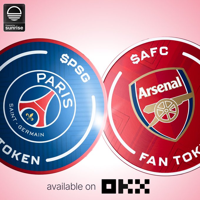 The image features a poster advertising a Champions League event featuring two soccer teams from Paris Saint-Germain (PSG) and Arsenal (AFC). The poster displays two circular logos, one for each team, with their respective logos on the sides of the circles. The text in the image indicates that these fan tokens are available for purchase on OKX DEX.