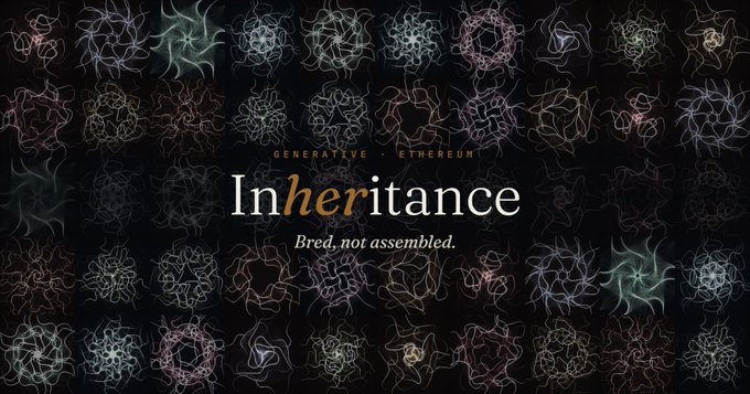 A dark banner featuring the text 'GENERATIVE • ETHEREUM', 'Inheritance', and 'Bred, not assembled.' overlaid on a background of intricate, glowing, symmetrical abstract patterns.