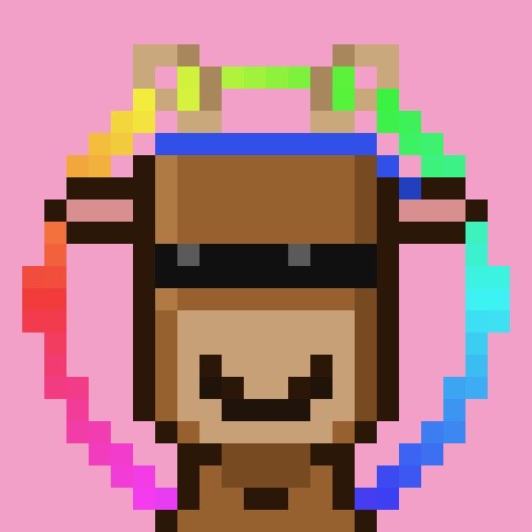 A pixel art illustration of a brown monkey character wearing colorful rainbow headphones against a pink background.