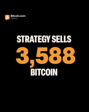 A Bitcoin.com News graphic with a black background and orange and white text announces "STRATEGY SELLS 3,588 BITCOIN," highlighting the company's recent sale that brings its total holdings to 843,775 BTC as referenced in the accompanying post.