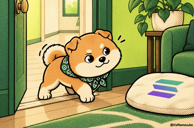 A cartoon illustration by @ItsMamesuke featuring a small Shiba Inu puppy with a green bandana looking curiously at a Solana (SOL) logo cushion.