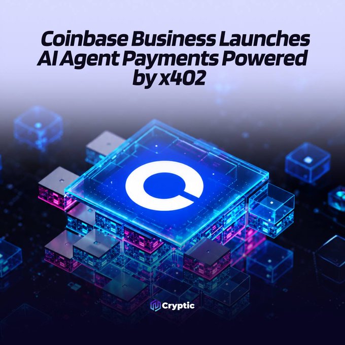 A promotional graphic announces "Coinbase Business Launches AI Agent Payments Powered by x402," featuring a glowing blue cube with the Coinbase "C" logo surrounded by smaller digital blocks, with the "Cryptic" logo at the bottom. The image visually reinforces the post's announcement of Coinbase Business's new AI-native stablecoin payment infrastructure built on the x402 protocol.
