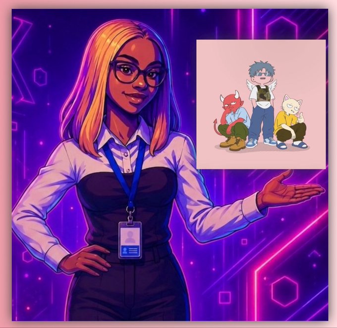 A stylishly illustrated woman with glasses and a lanyard presents a cartoon image of three anime characters (two red and white cat-like creatures flanking a blue-haired figure), promoting a giveaway for 2x GTD mint spots with @pko_nft in collaboration with @Dasfruits, where followers must follow the accounts, like, retweet, and drop their wallet address to enter.