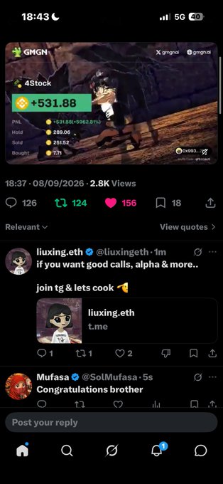 A mobile screenshot of a TikTok video from @gmgn showing a $4Stock token with a +531.88 gain and PNL of +$31,888, paired with promotional comments from users @liuxing.eth and @SolMufasa congratulating on the gains, which complements the post sharing a Solana contract address and thanking "Echo."
