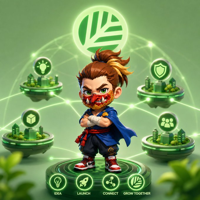 A digital illustration featuring a masked cartoon character standing on a circular platform surrounded by floating islands with icons labeled IDEA, LAUNCH, CONNECT, and GROW TOGETHER, beneath a large green leaf logo.