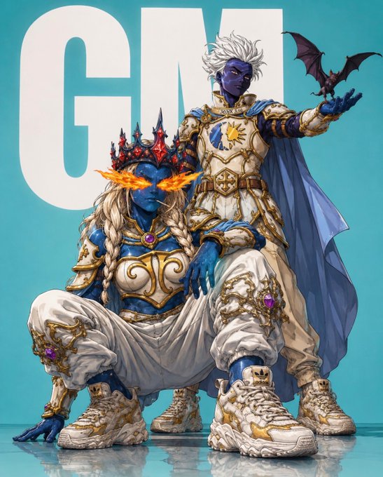 A vibrant illustration of two blue-skinned fantasy characters with white hair wearing ornate white and gold armor and sneakers, with one crouching and flames coming from their crown, the other holding a small bat, set against a turquoise background with large white letters partially visible.