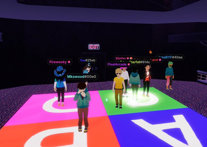 A virtual reality scene showing multiple avatars with username labels (Firewocky, foe#25eb, Mkswood#00e0, Kimhn, PixelArcade#ff614c, starfall#614c, keBYF#40aa) standing on colorful illuminated platforms in a digital environment.