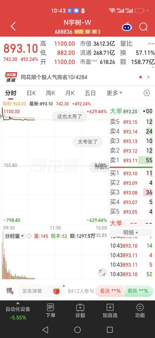 A mobile screenshot of a Chinese stock trading app showing the real-time chart for "N宇树-W" (Unitree Robotics), trading at 893.10 yuan with a massive +492.24% gain, which visually corresponds to the post celebrating Unitree's blockbuster IPO debut on the STAR Market. The app displays key details including the issue price of 150.80 yuan, opening surge of +629.44%, and an order book showing active buy and sell orders around the current price.